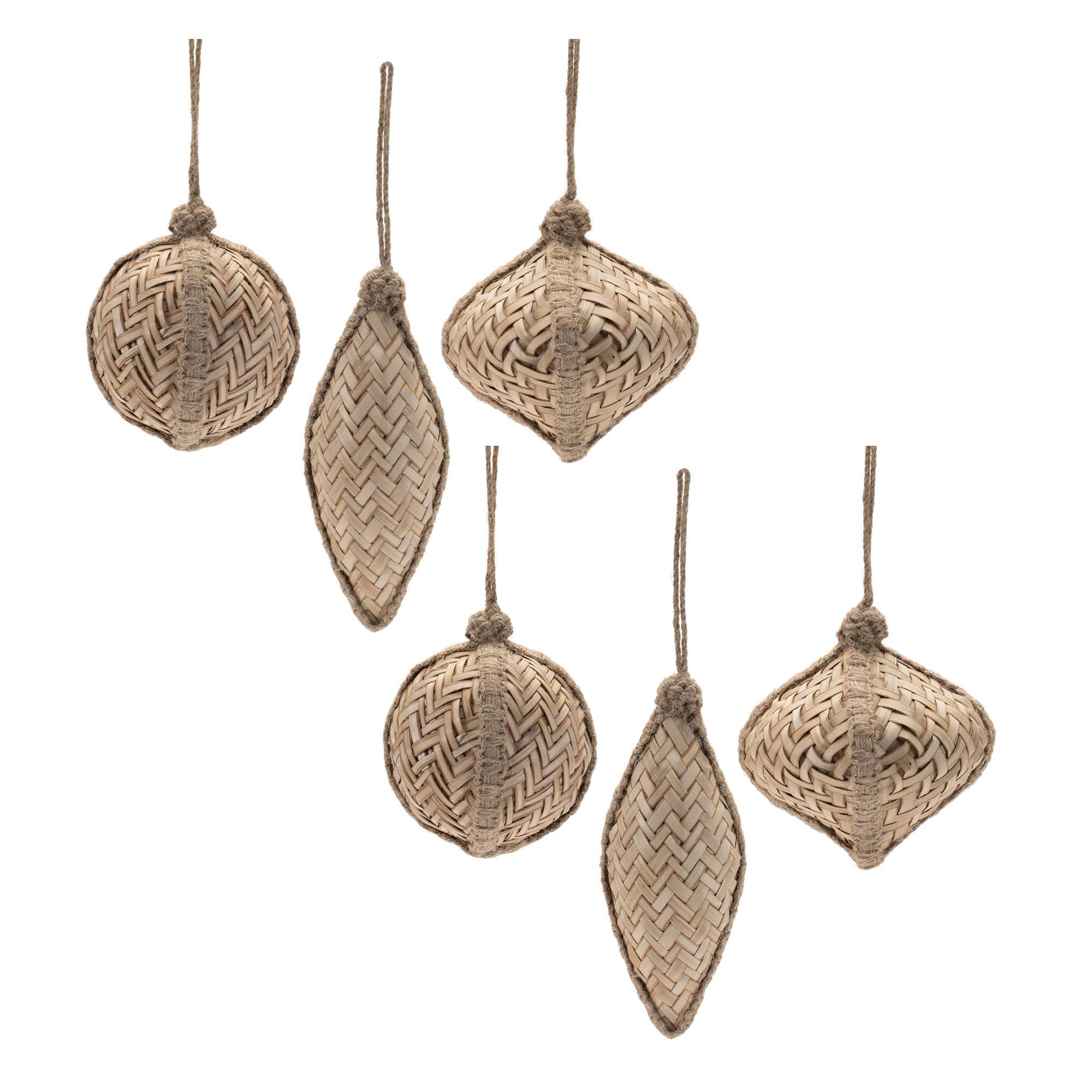 Woven Bamboo Ball Onion & Drop Christmas Ornaments with Jute Hanger Set